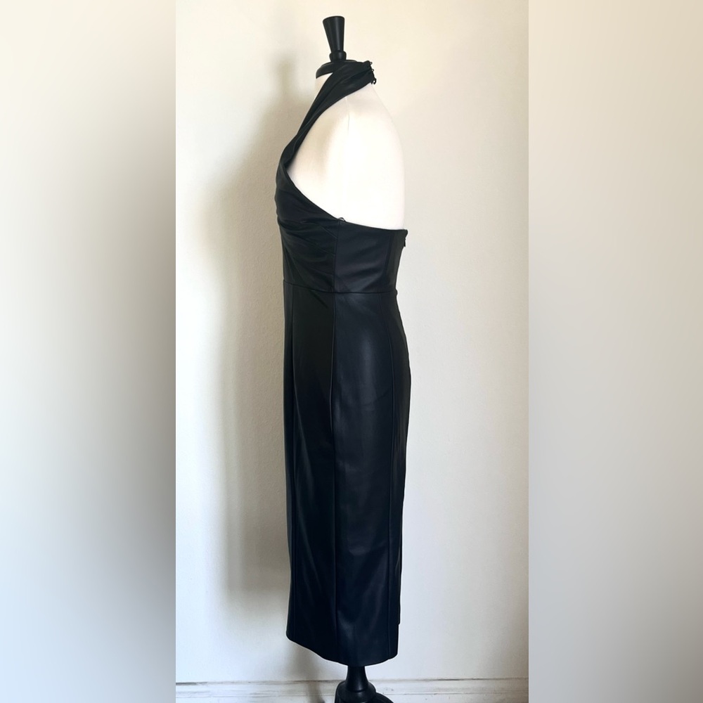 MILLY Women’s Raven Black Vegan Faux Leather Halter Neck Sz 6 Midi Dress BNWT - Picture 11 of 15